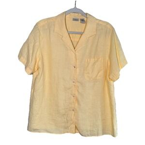 LL BEAN 100% Linen Button Up Shirt Womens L Yellow Short Sleeve Shell Buttons